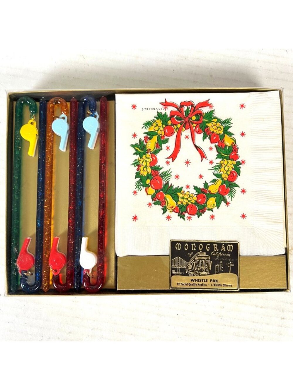 Monogram Whistle Pak Christmas Napkins Whistle Straws Swizzles MCM NOS